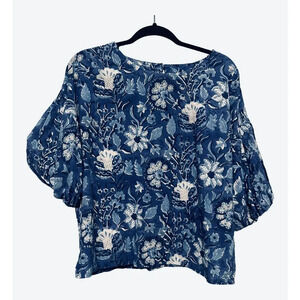 Fitzroy & Willa Blue Floral Balloon Sleeve Blouse Size M 100% Cotton